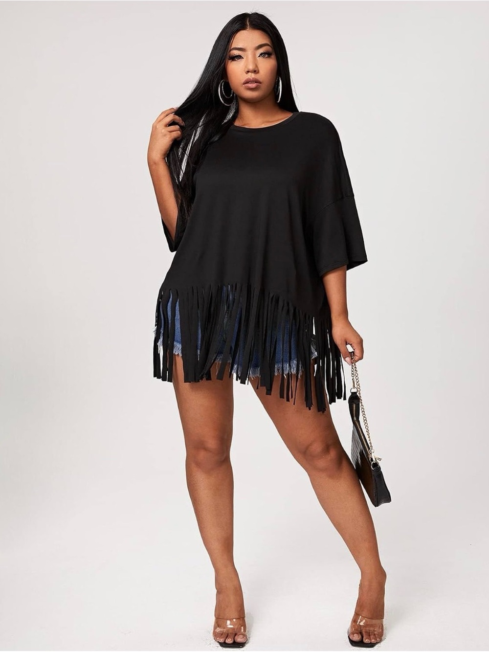 Plus Size Fringe Hem Half Sleeve Tee